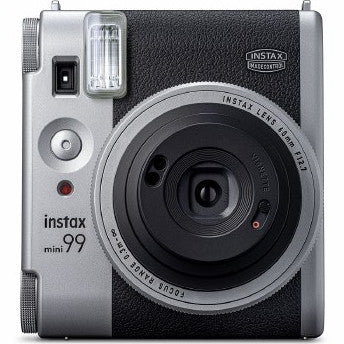 Front view of silver and black Instax Mini 99 instant camera with lens, flash, and control buttons visible.