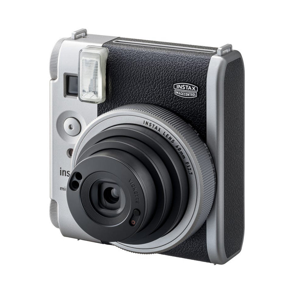 Front angled view of a silver and black Fujifilm Instax Mini 99 instant camera with flash and lens visible against a white background.