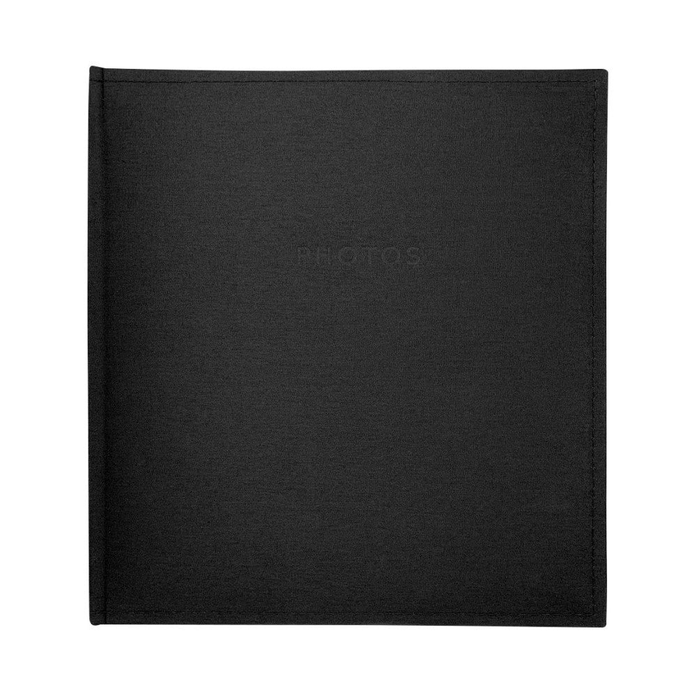 Black fabric-covered photo album shown from front view, displaying the plain textured cover with visible binding on the left edge.