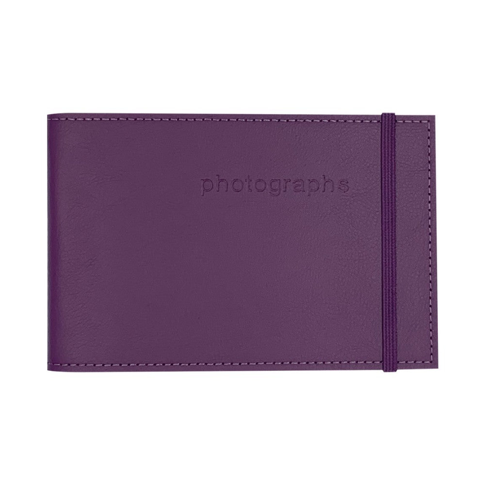 Front view of a purple leather photo album with embossed "photographs" text, elastic band closure, and decorative stitching along the edges.