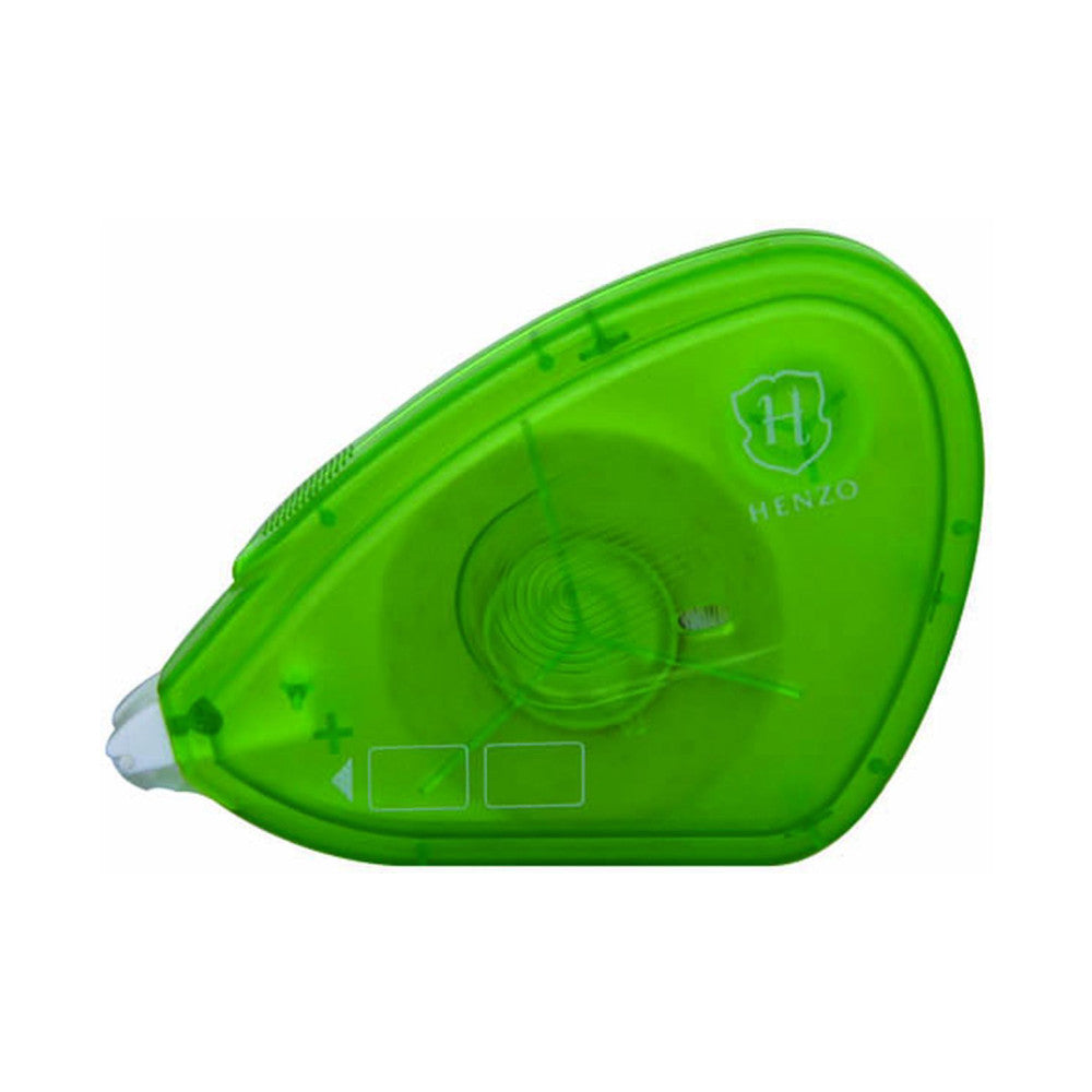 Bright green adhesive photo dispenser shown from a side angle, featuring the Henzo logo and a circular dial mechanism on its teardrop-shaped body.