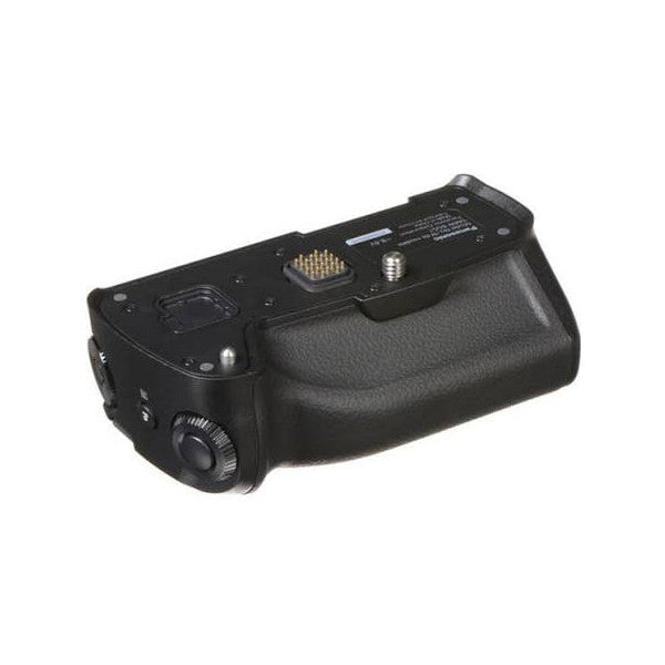 Black battery grip for Panasonic Lumix camera shown from angled side view against white background.