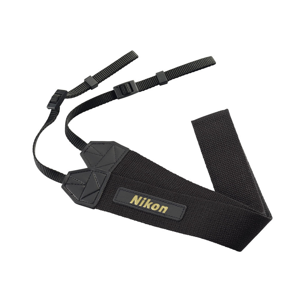 Black Nikon binocular neck strap with padded shoulder rest and adjustable straps displayed at an angle against white background.