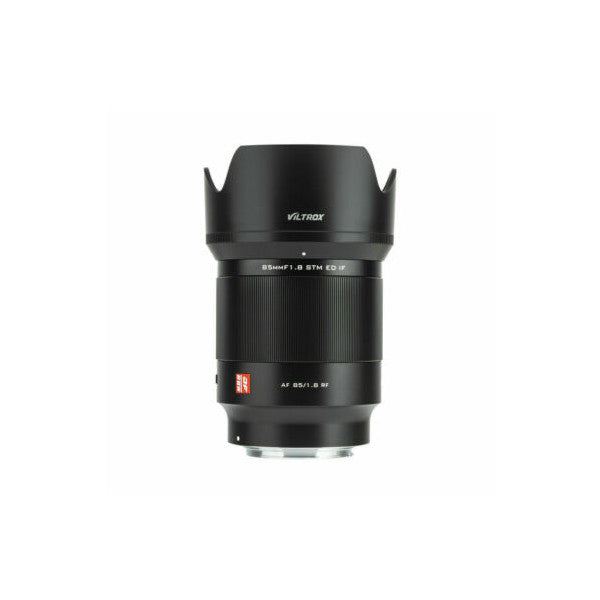 Black telephoto lens with lens hood attached, front-facing view against white background, showing AF 85mm f/1.8 specifications and Canon RF mount markings.
