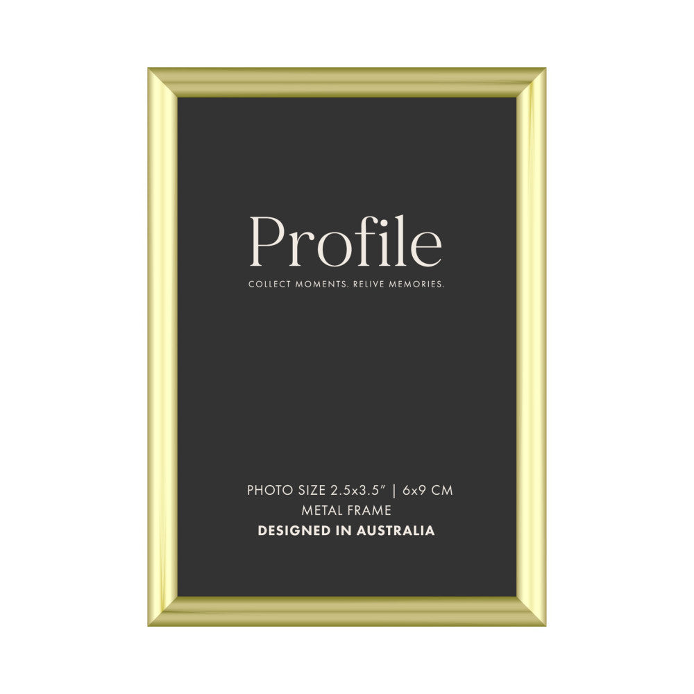 Front view of a gold metal picture frame with black matting displaying "Profile" branding and product details.