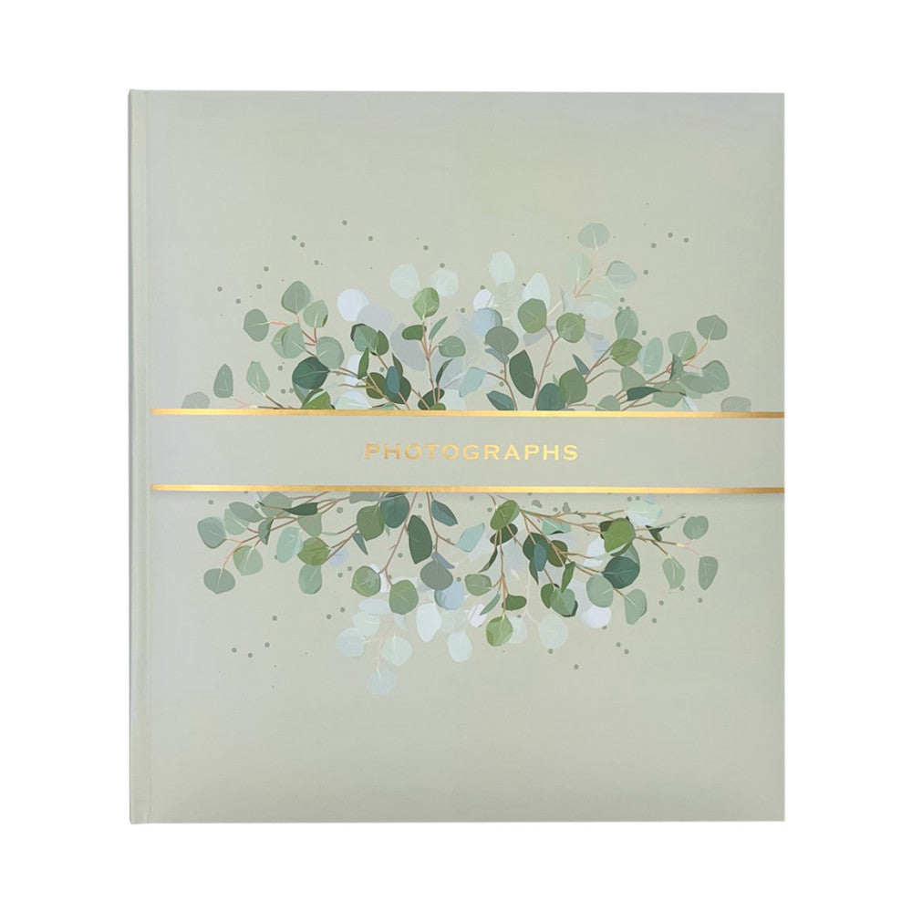 Front cover of a cream-colored photo album with gold bands and watercolor eucalyptus leaf design.