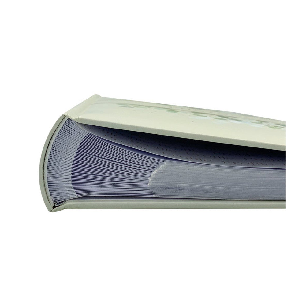 Close-up side view of an open photo album showing blue-gray pages fanned out within a pale green binding.