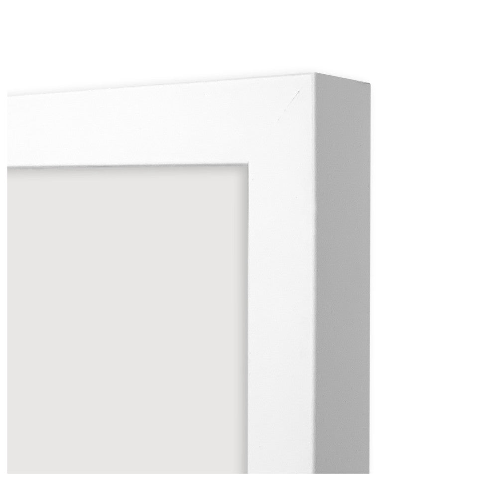 Close-up side view of a white photo frame showing its beveled edge and frame profile against a white background.