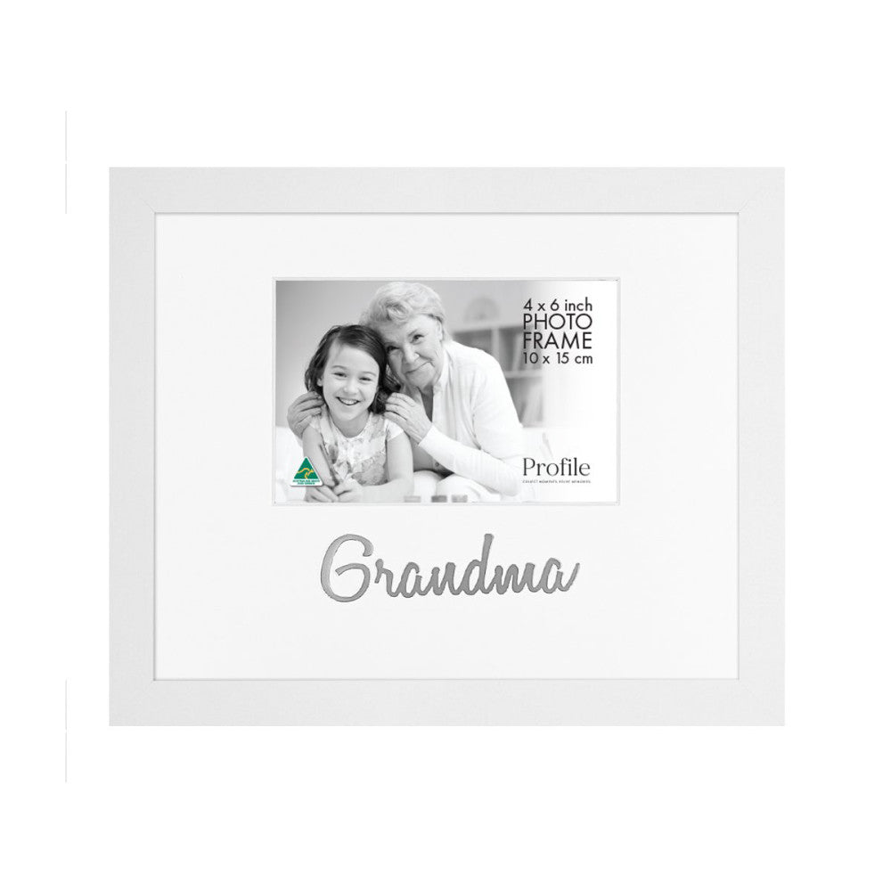 Front view of a white square photo frame with "Grandma" text and a 4x6 inch photo opening displaying a black and white image of a grandmother and granddaughter.