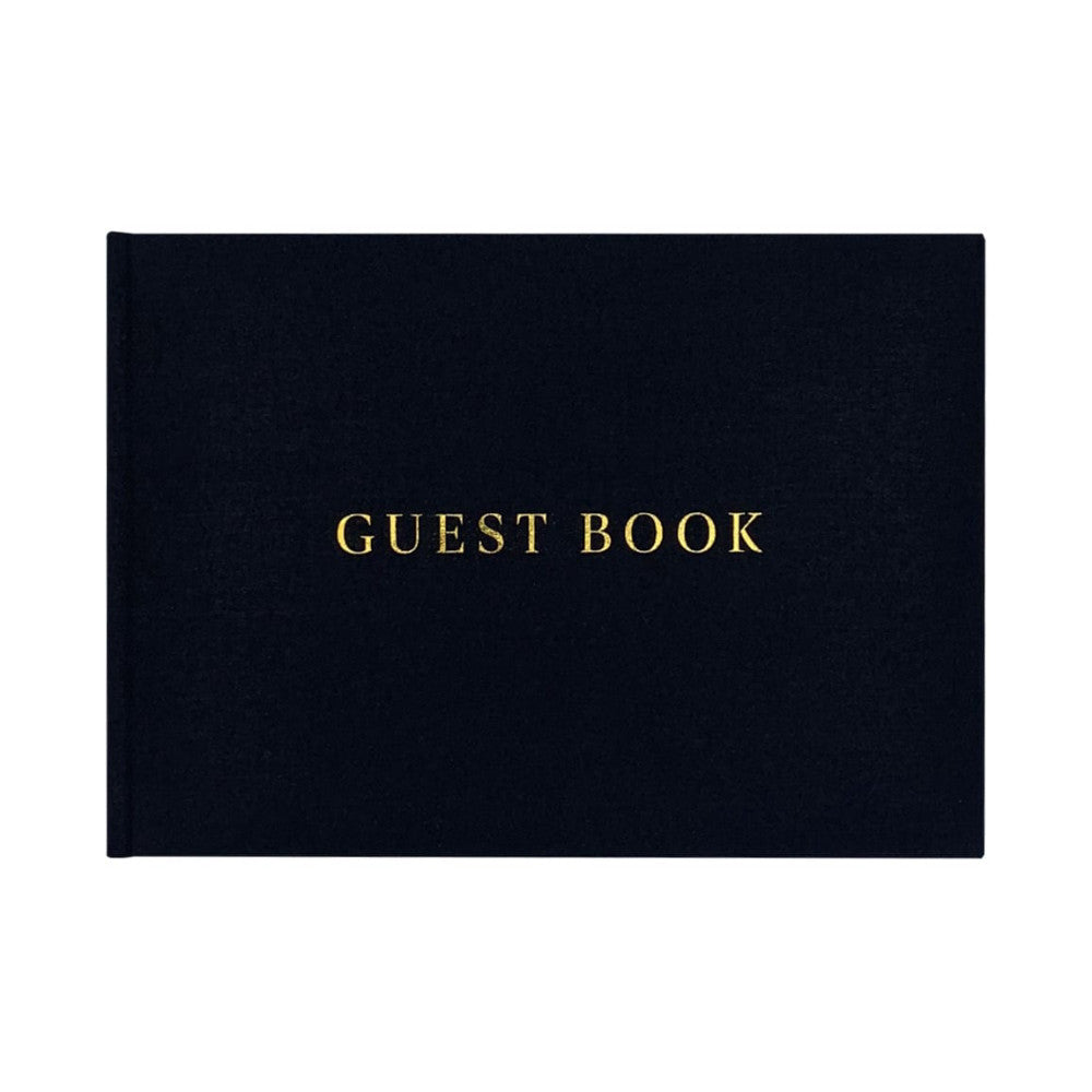 Front cover of a black guest book with gold foil "GUEST BOOK" text centered on the cover.
