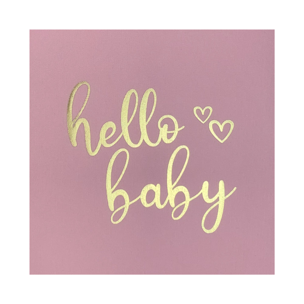 Gold foil "hello baby" text with two heart symbols on a pink background, showing the album's cover design.