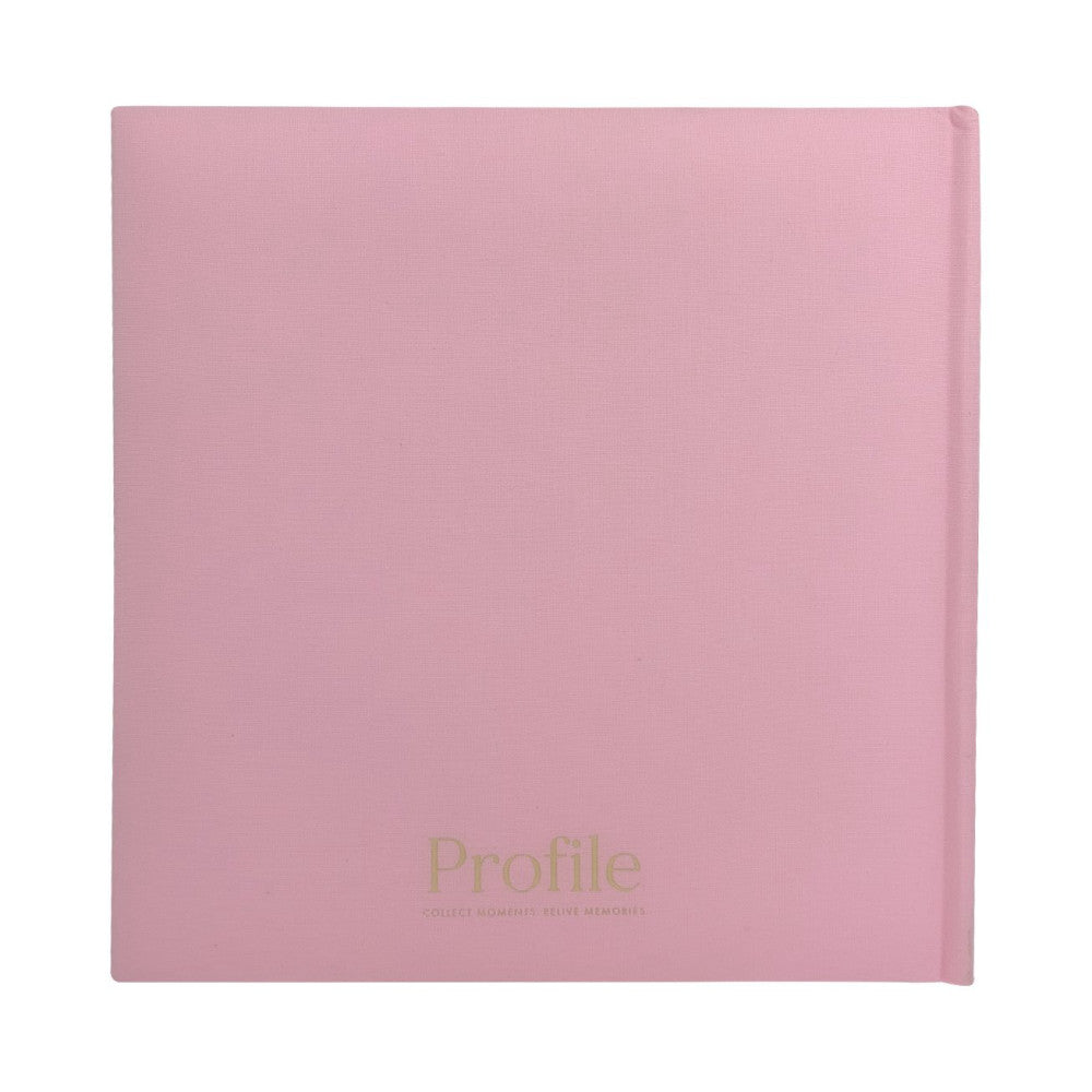 Front view of a pink cloth photo album with embossed "Profile" text and tagline on the lower portion against a white background.
