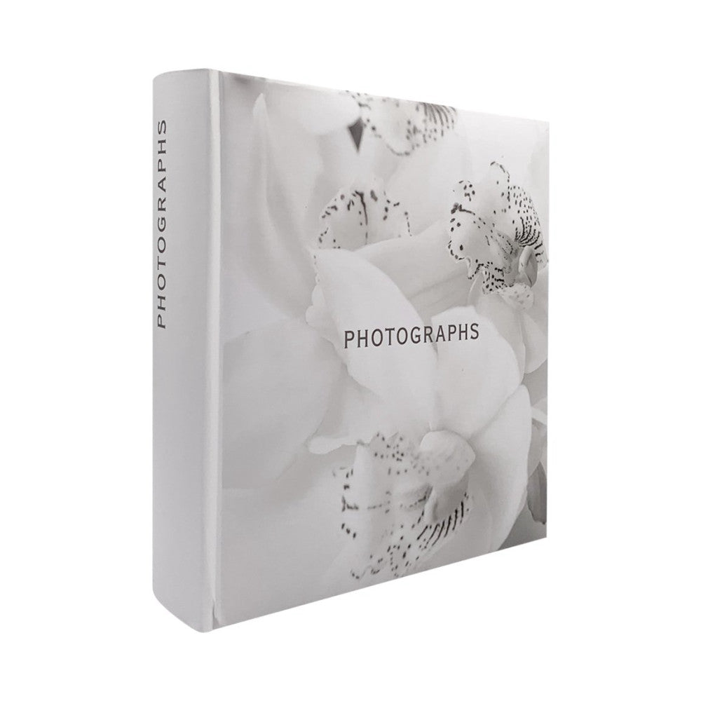 White photo album with "PHOTOGRAPHS" text on cover, featuring black and white close-up image of orchid flowers, shown at three-quarter angle.