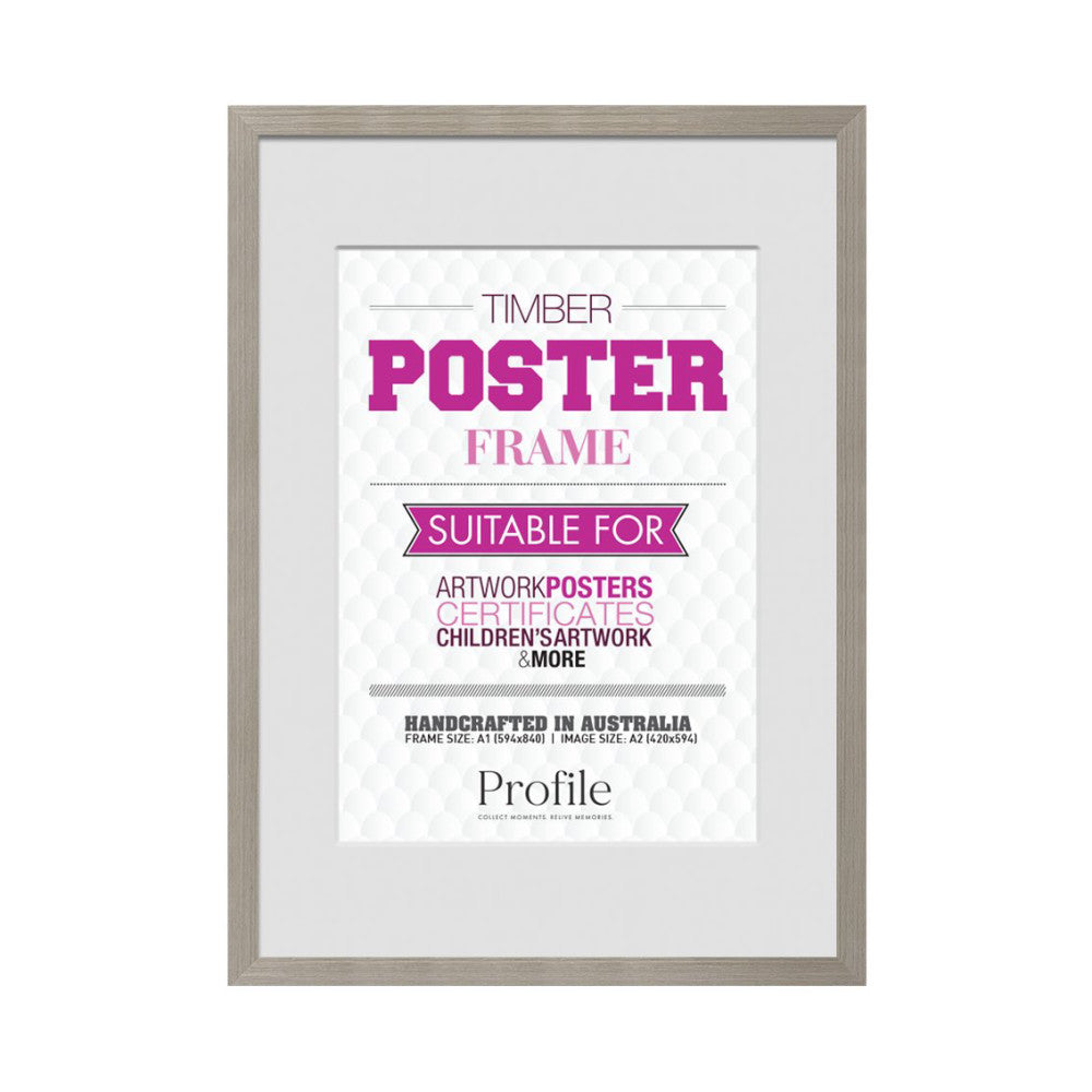 Front view of a stone ash timber poster frame displaying an A2-sized white mat with purple text describing the frame's specifications and uses.