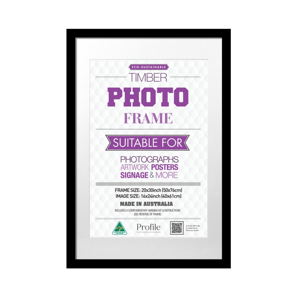 Front view of a black timber photo frame with white mat displaying product information and specifications for the eco-sustainable frame.