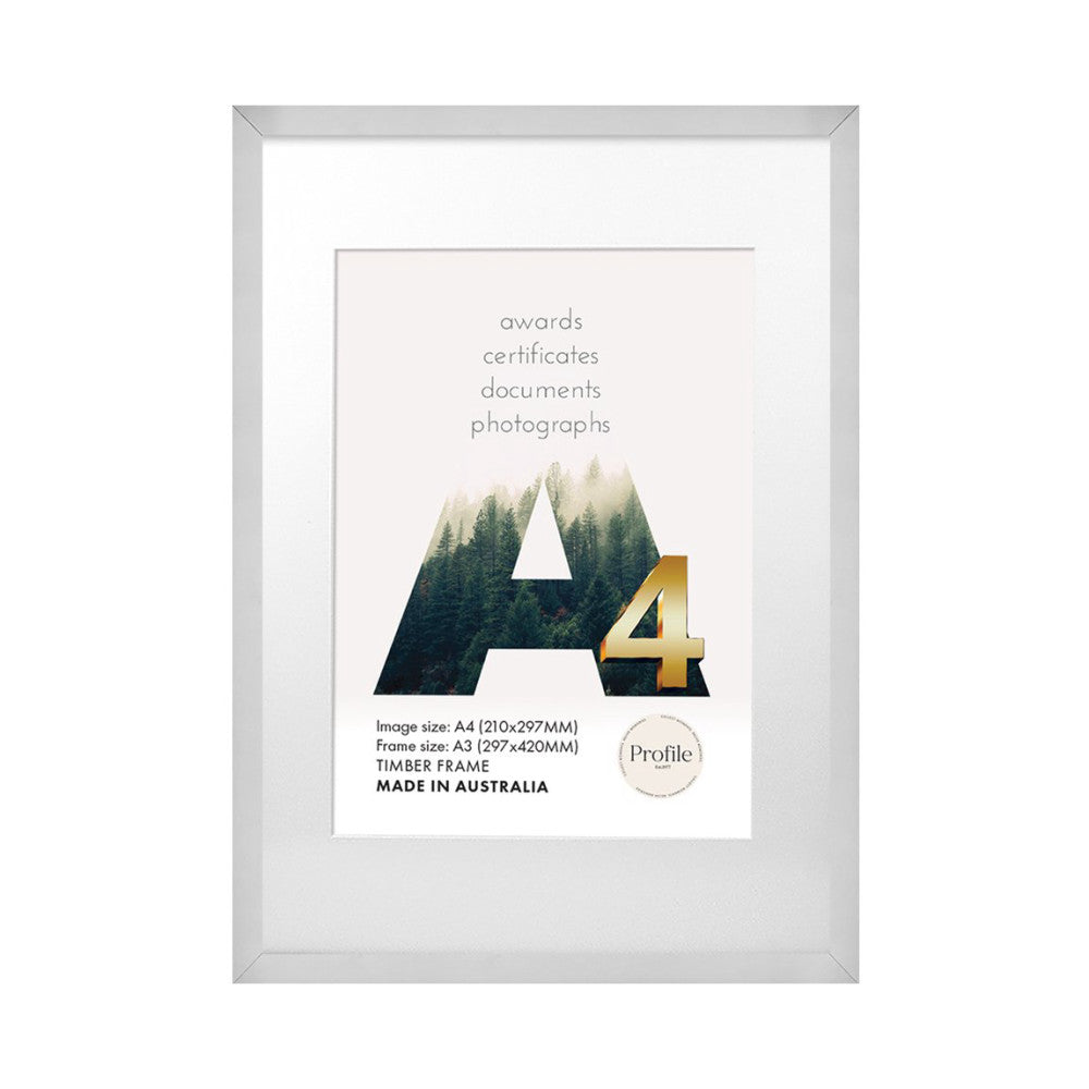 Front view of a silver-framed certificate display showing a forest landscape design with the letter "A" and gold "4" numeral inside.