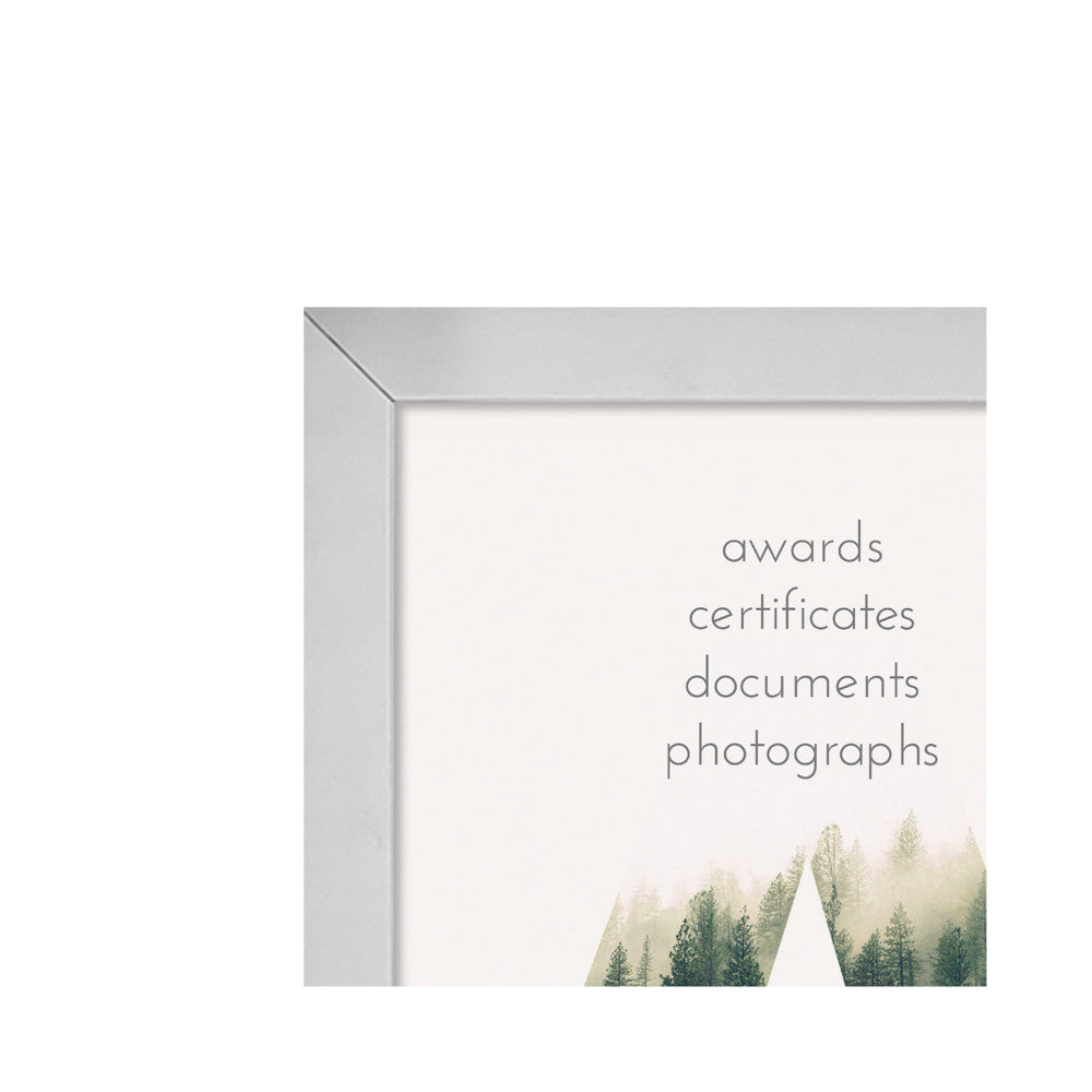 Angled view of a silver-framed certificate frame with white mat displaying text and forest imagery at the bottom.