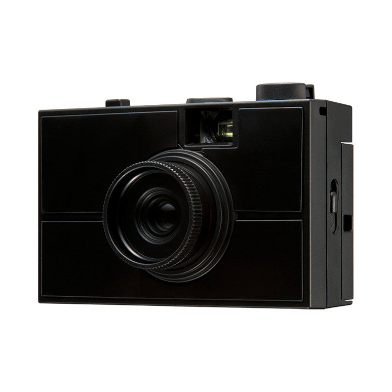 Black 35mm film camera displayed at a three-quarter angle against a white background, showing the front lens and top-mounted flash.
