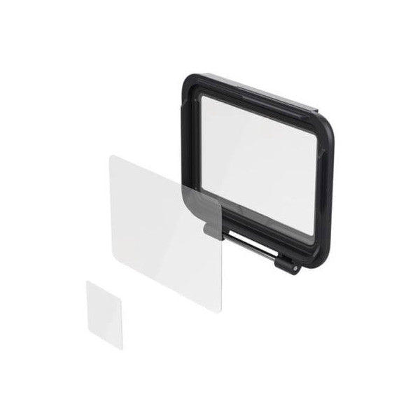 Exploded view showing GoPro HERO 7 Black screen protectors with protective film layers separated from the black frame housing.