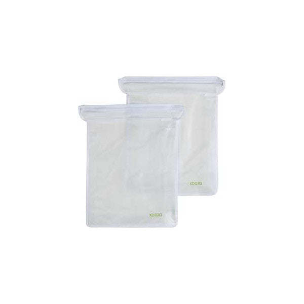 Two clear zippered plastic storage bags of different sizes displayed at an angle against a white background, showing the Korjo branding.