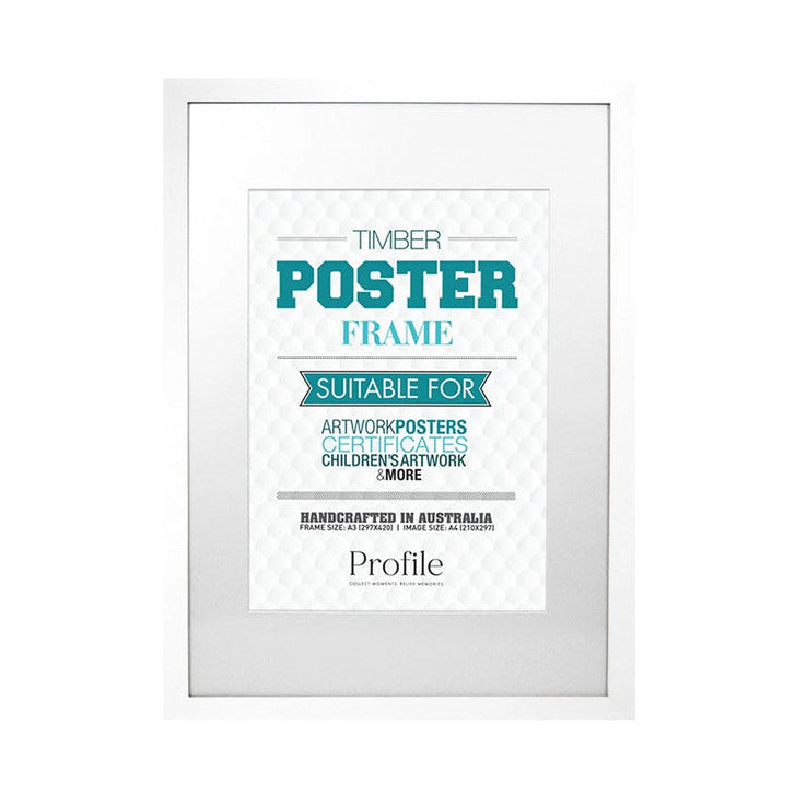 Front view of a white timber poster frame displaying a sample poster about frame specifications, shown against a plain background.