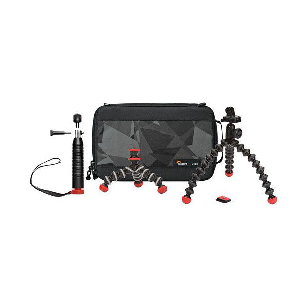 Joby Gorillapod ActionBase Kit laid out flat showing camera bag, flexible tripod with red joints, handheld stabilizer, and accessories against white background.