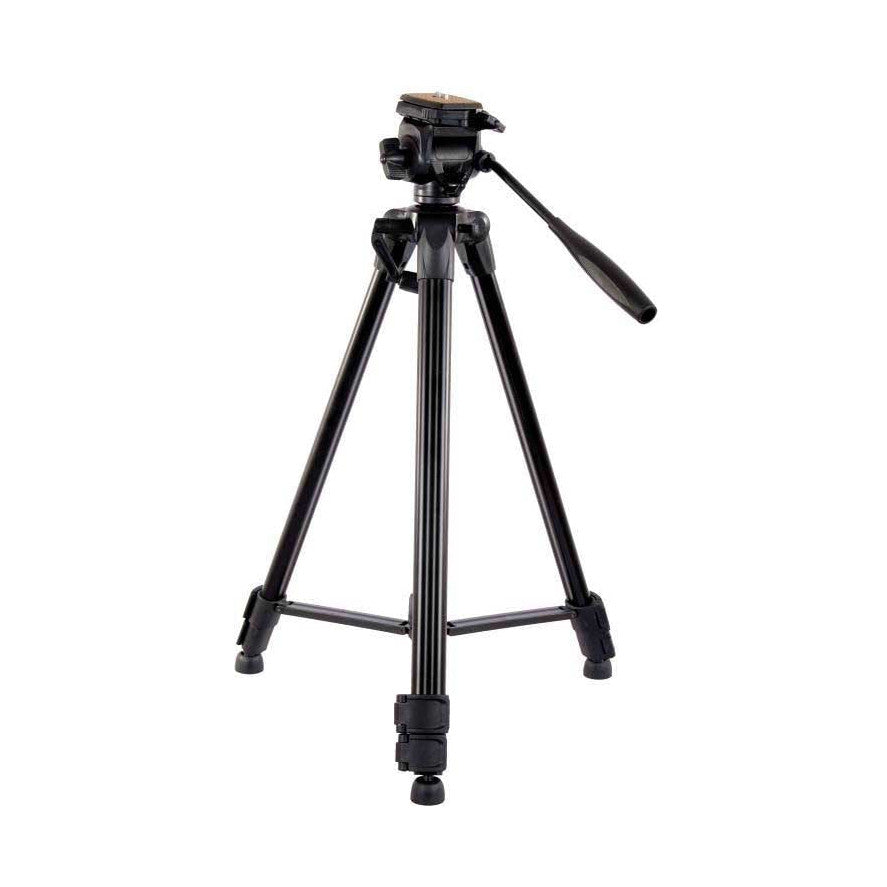 Black video tripod with fluid head and pan handle shown from front angle against white background