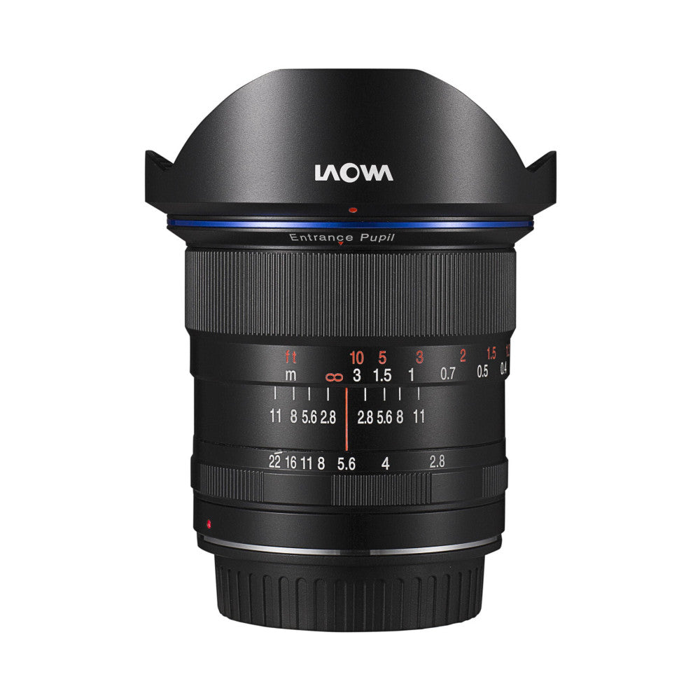 Front view of Laowa 12mm f2.8 Zero D ultra-wide lens with dome hood, showing focus ring, aperture scale, and distance markings.