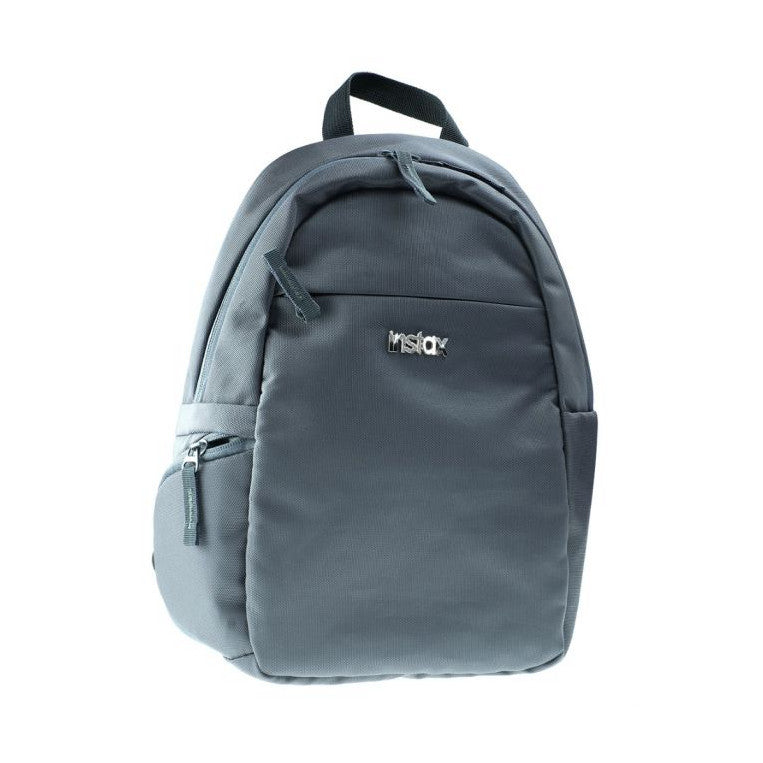 Gray Instax sling backpack shown from front angle, displaying main compartment with logo and side pocket against white background.