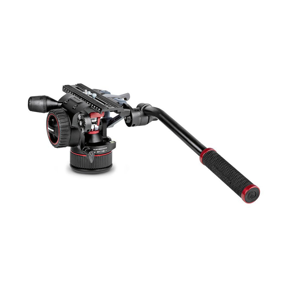 Manfrotto Nitrotech N12 fluid video head shown from the side, displaying the pan handle, counterbalance system, and tripod base with red accent details.