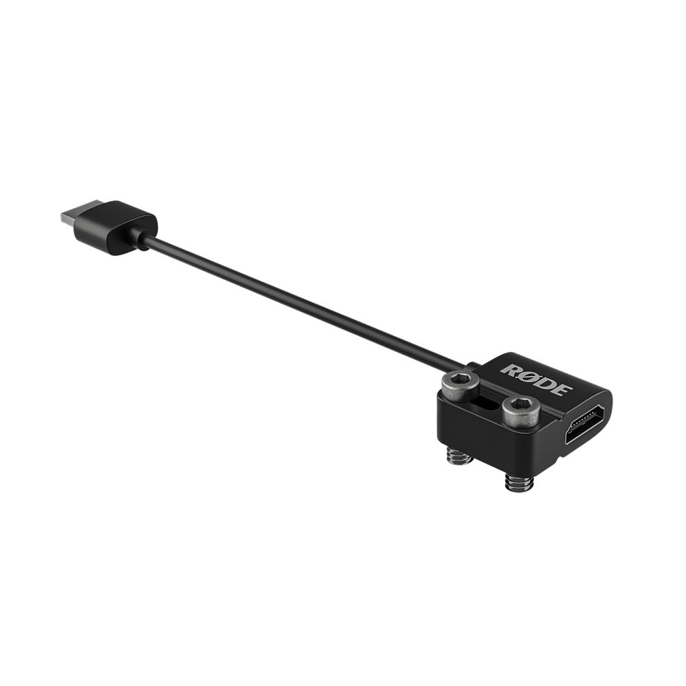 Black RODE HDMI adapter cable with connector on left end and HDMI port with mounting brackets on right end, shown at angle against white background.