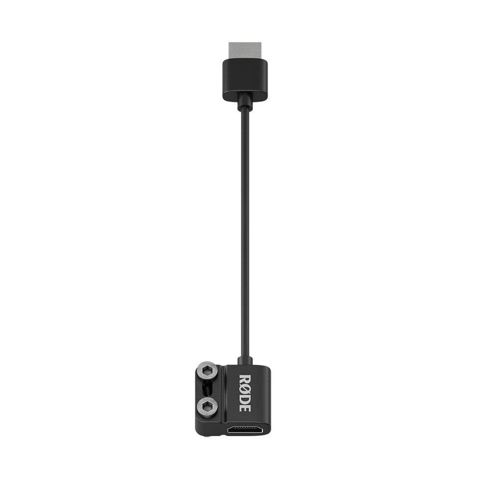 Rode HDMI adapter shown at full length against white background, displaying the connector block with two mounting holes and extended cable with top connector.