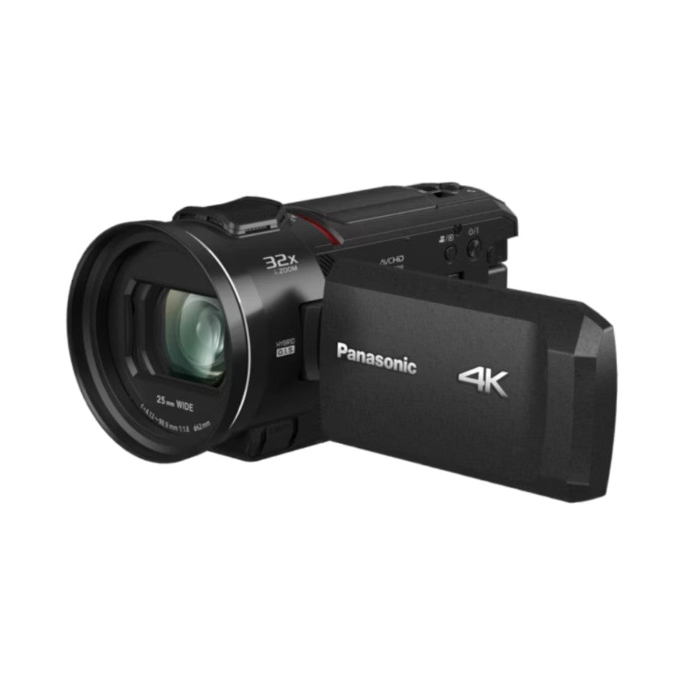 Black Panasonic 4K digital video camera shown from the side angle, displaying the 32x zoom lens, LCD screen, and control buttons.