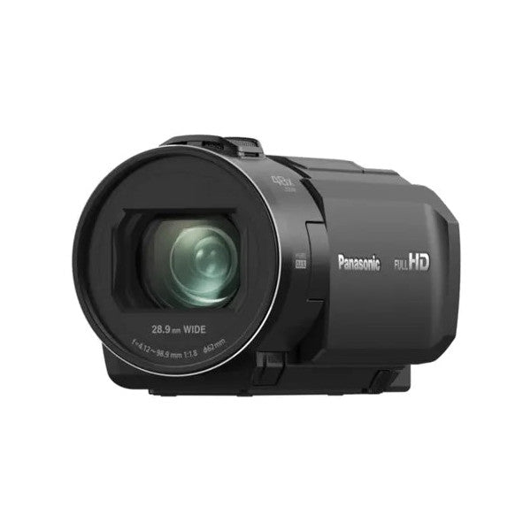 Panasonic VX3A camcorder shown from the left side angle, displaying the lens barrel with "28.9mm WIDE" marking and the black body with "Full HD" label visible.