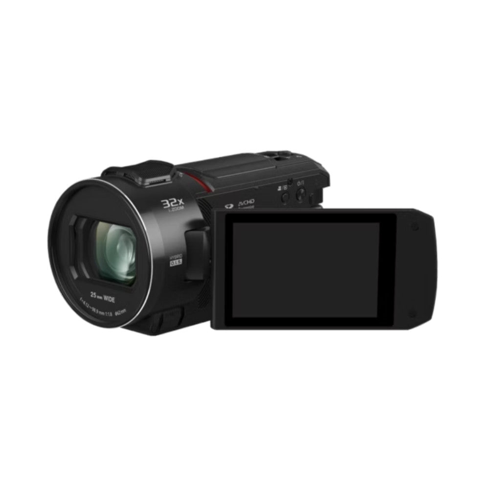Black Panasonic VX3A camcorder displayed at an angle showing the 32x zoom lens on the left and the flip-out LCD screen on the right side.