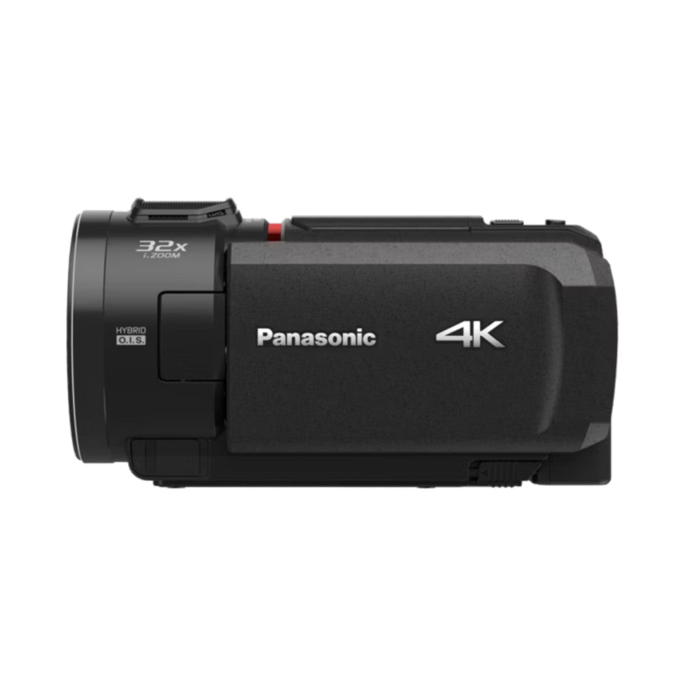Side view of black Panasonic 4K digital video camera with 32x zoom lens and hybrid O.I.S. stabilization visible on left side
