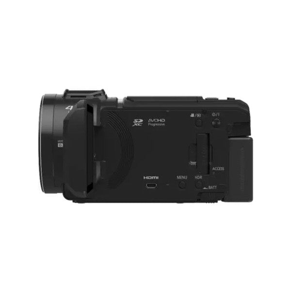 Right side view of black Panasonic VX3A camcorder showing HDMI port, menu controls, and battery compartment with extended lens.