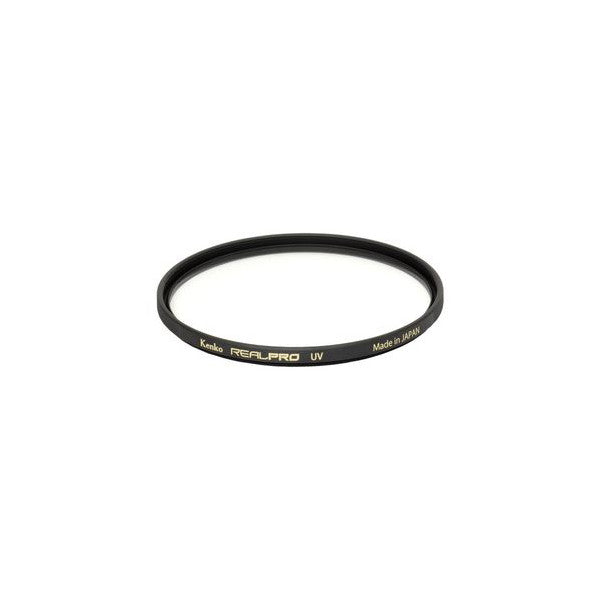 Black circular UV filter ring shown at an angle against white background, displaying Kenko RealPro UV branding on the rim.