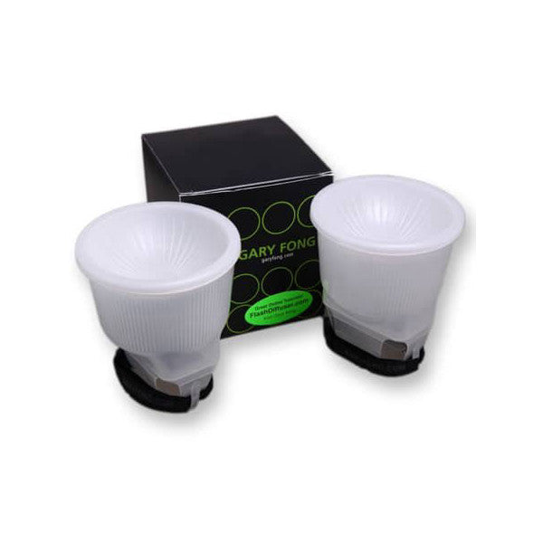 Gary Fong Lightsphere flash diffuser kit displayed with packaging, showing two translucent dome diffusers and black box against white background.