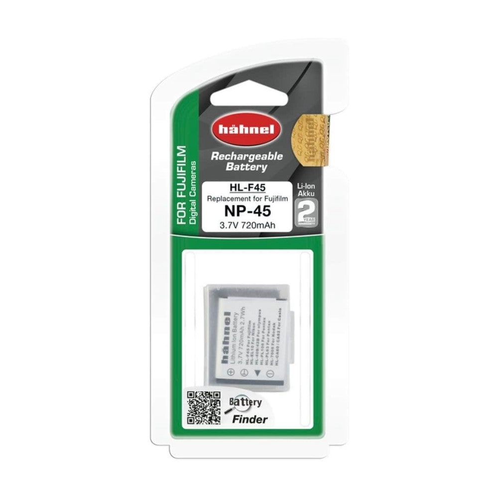 Hahnel HL-F45 rechargeable battery package displayed front-on, showing product card with battery image and specifications for Fujifilm NP-45 replacement.