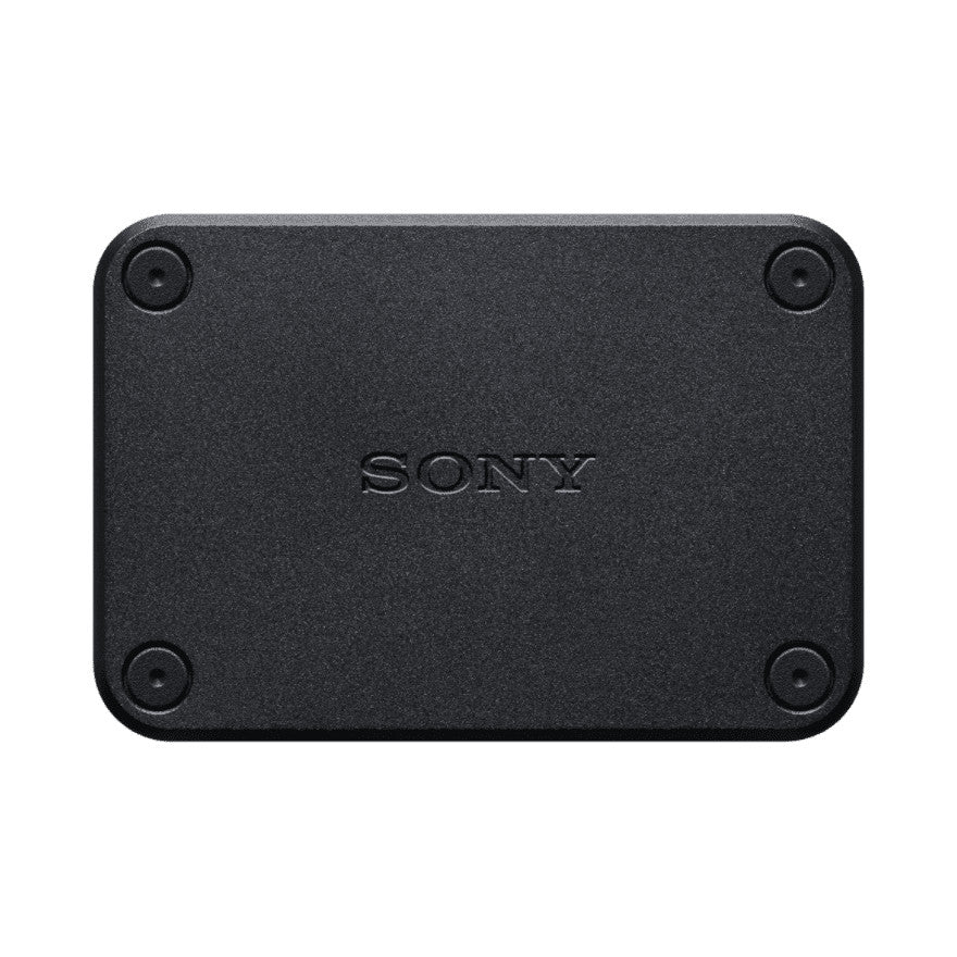 Black rectangular Sony camera control box shown from front view with Sony logo centered and four corner mounting points visible against white background.