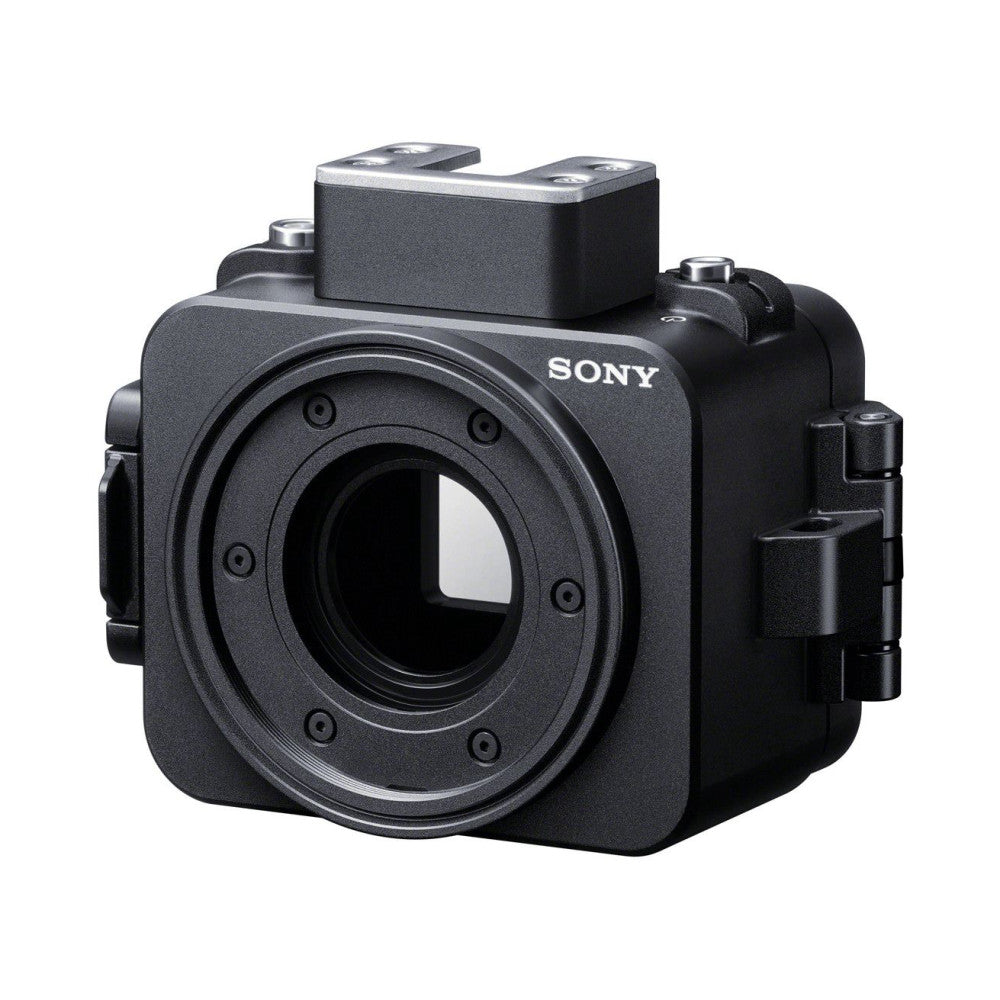 Black Sony underwater housing shown from front angle, displaying lens mount opening and top-mounted accessory shoe against white background.