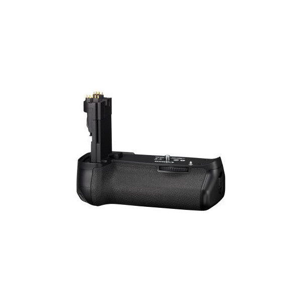 Black Canon BG-E9 battery grip shown from the side angle against a white background, displaying the grip's curved ergonomic design and attachment mechanism.