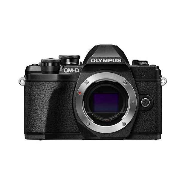 Front view of black Olympus OM-D E-M10 Mark III mirrorless camera body with lens mount exposed and control dials visible