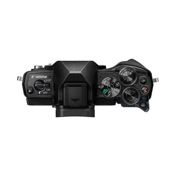 Top-down view of Olympus OMD EM10 Mark III showing left side controls, center LCD screen, and right side dials and buttons on black camera body.
