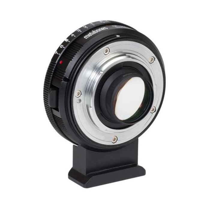 Metabones Speed Booster Ultra lens adapter shown from the side, displaying the black outer barrel with aperture ring and silver metal rear mount with central lens element visible.