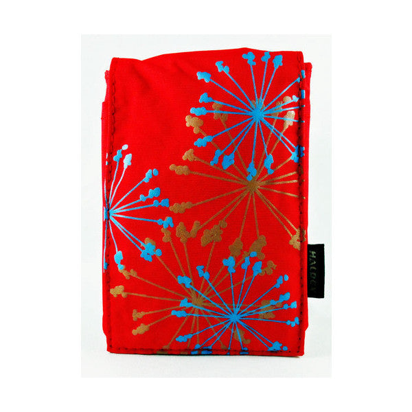Red nylon camera pouch with blue and gold starburst pattern design, front view displayed flat against white background.