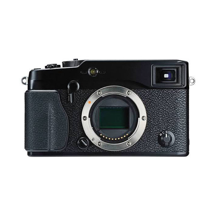 Front view of black Fujifilm X-Pro1 camera showing lens mount, viewfinder, and textured grip against white background.