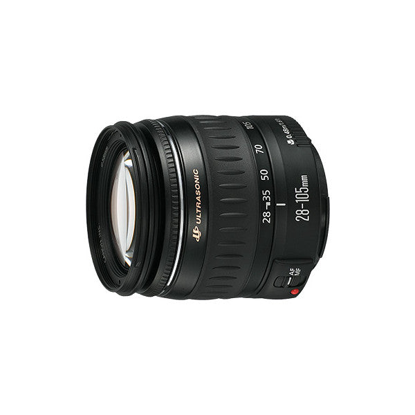 Canon EF 28-105mm f/4-5.6 USM lens shown from front angle against white background, displaying barrel, focus ring, and focal length markings.