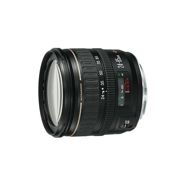 Canon EF 24-85mm lens shown from the front at a slight angle, displaying the barrel markings, focus ring, and front lens element against a white background.